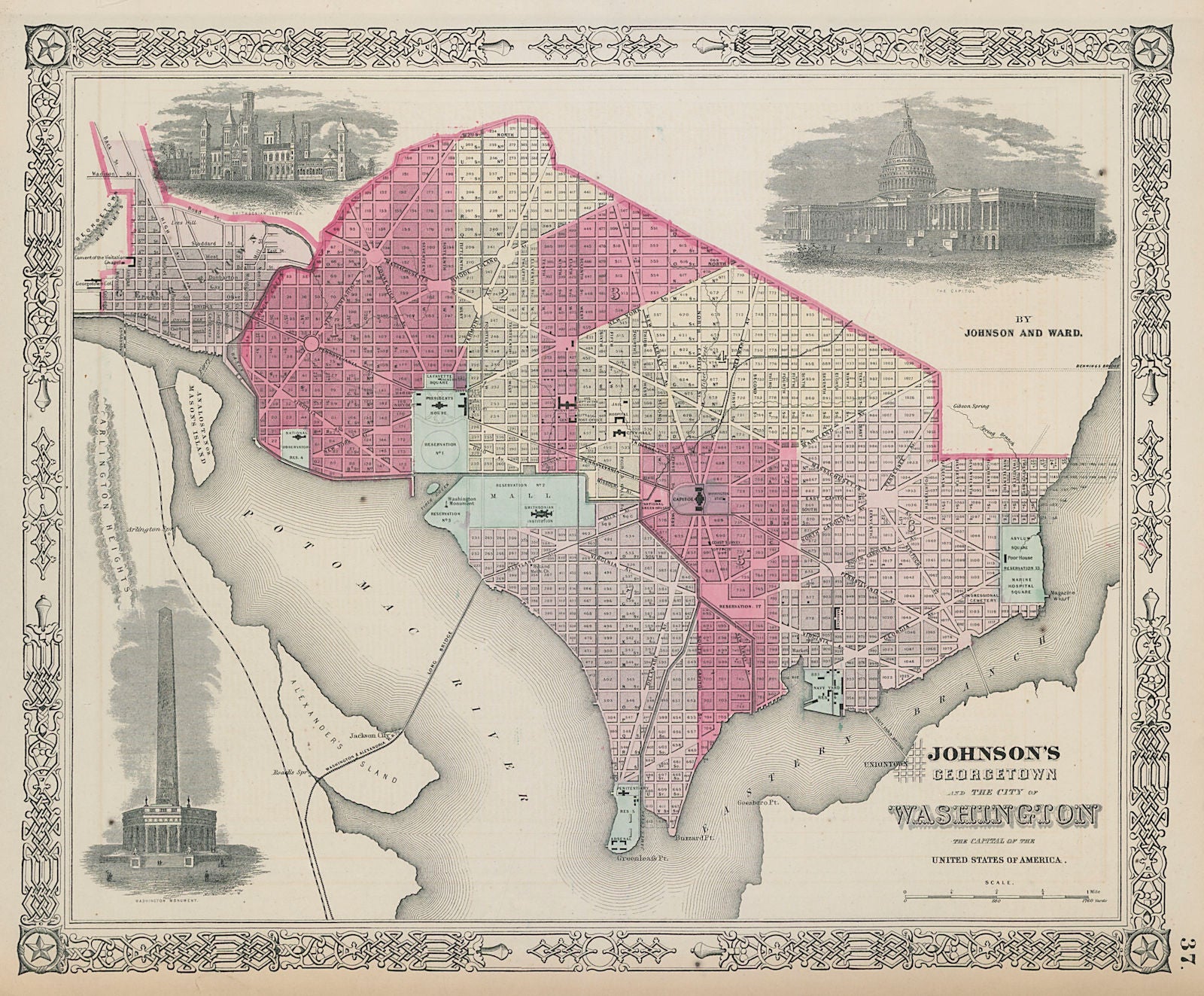 Johnson's Georgetown and the City of Washington DC 1865 old antique map chart